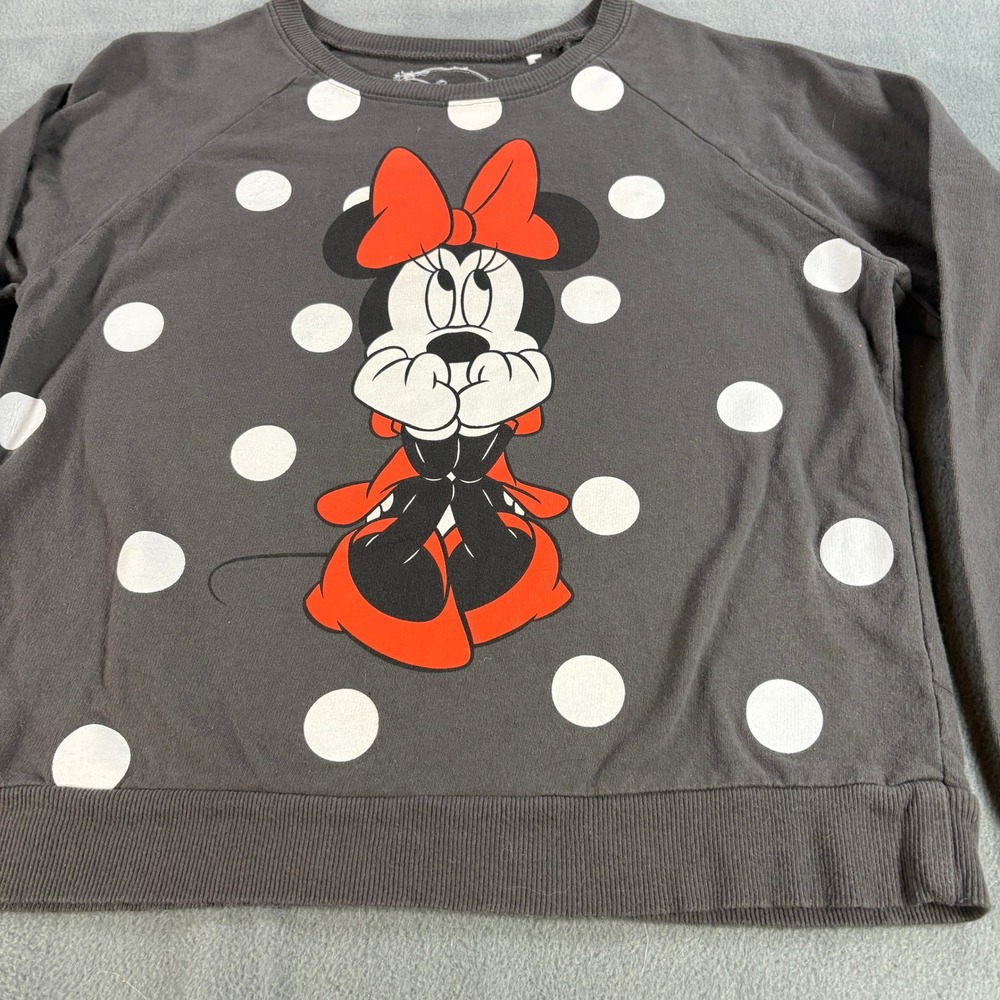 Disney Minnie Mouse Polka Dot Sweatshirt‎ Gray Cotton Raglan Pullover Large